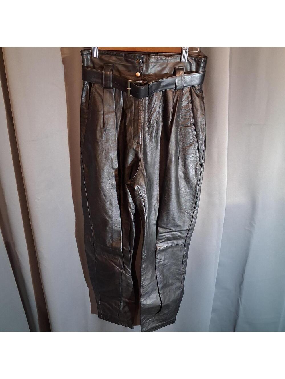 Vintage Black Genuine Leather Pants with Belt